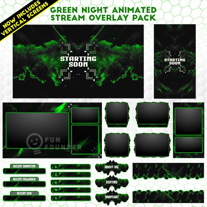 May include: A digital stream overlay pack featuring a black and green smoke theme. Includes horizontal and vertical starting soon screens, various rectangular frames for video feeds, and labelled bars for recent donations, followers, and subscribers.