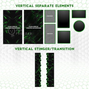 May include: A digital asset collection featuring vertical animated backgrounds with green smoke effects, chat boxes, and various rectangular and circular overlays. The text reads VERTICAL SEPARATE ELEMENTS and VERTICAL STINGER/TRANSITION.