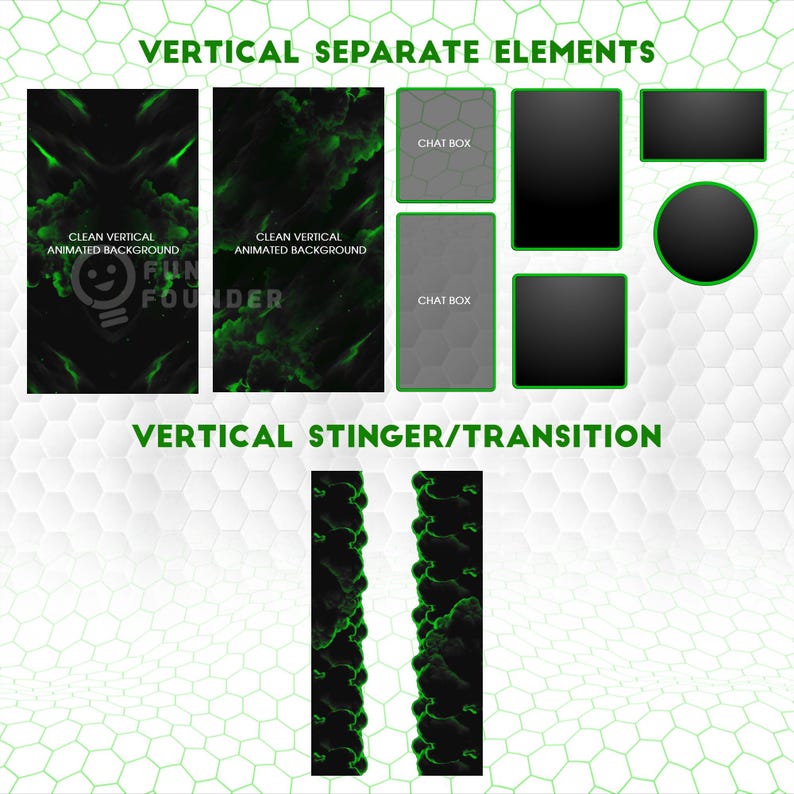 May include: A digital asset collection featuring vertical animated backgrounds with green smoke effects, chat boxes, and various rectangular and circular overlays. The text reads VERTICAL SEPARATE ELEMENTS and VERTICAL STINGER/TRANSITION.