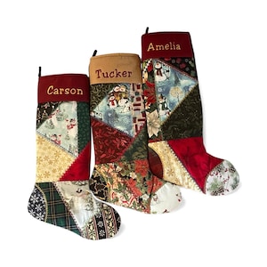 Personalized Christmas Stocking Quilted Holiday Family Fireplace Decoration Handmade Custom Embroidered Name Mantel Hanging Patchwork Fabric