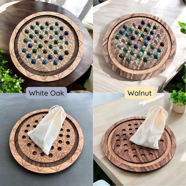 Marble Solitaire Strategy Game One Player Challenge Wooden Board Handcrafted Entertainment Adult Skill Building Activity Glass Marbles Premium Quality Dad Birthday Gift Men Present Coffee Table Game Display Venetian Pattern Laser Engraved