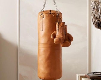 Ultimate deluxe tan vintage leather punching bag, unique retro boxing bag, MMA kickboxing handmade sand bag, training bag, workout heavy bag