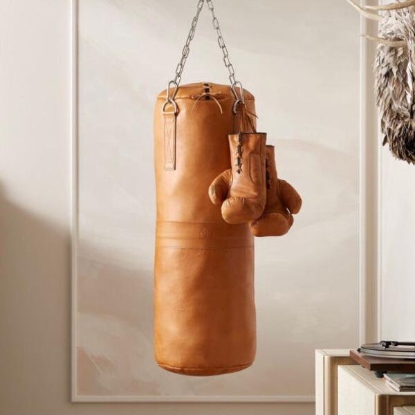 Ultimate deluxe tan vintage leather punching bag, unique retro boxing bag, MMA kickboxing handmade sand bag, training bag, workout heavy bag