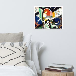 May include: Abstract geometric art print featuring a stylized figure in a white dress with black and red accents. The figure is surrounded by geometric shapes in black, white, red, blue, and green.