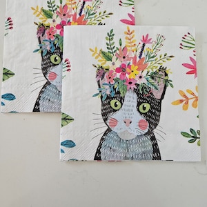 Floral Cat DECOUPAGE Napkin - Set of 2 Individual Napkins - COCKTAIL SIZE Paper Napkin -for crafting