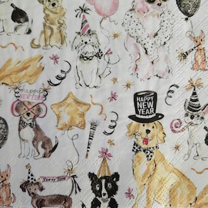 May include: A white background with a repeating pattern of dogs wearing party hats and accessories. The dogs are in various poses and breeds, including a dachshund, a poodle, a golden retriever, and a terrier. The text "Happy New Year" and "Pawty Time" are included in the design.