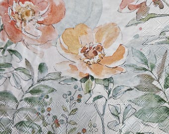 Soft Watercolor Flowers DECOUPAGE Napkin - Set of 2 Individual Napkins - COCKTAIL SIZE Paper Napkin -for crafting, decoupage, etc