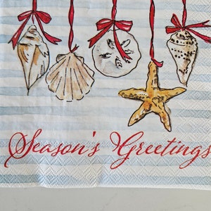 Seashell Season's Greetings COCKTAIL SIZE Napkin for DECOUPAGE - Set of (2) Individual Napkins - for crafting, etc.