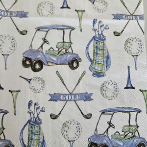 May include: A white background with a repeating pattern of golf-themed illustrations. The pattern includes golf carts, golf clubs, golf balls, and golf bags. The text "GOLF" is featured in a blue ribbon.
