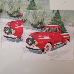 Red Christmas Pickup COCKTAIL SIZE Napkin for DECOUPAGE - Set of (2) Individual Napkins - for Crafting