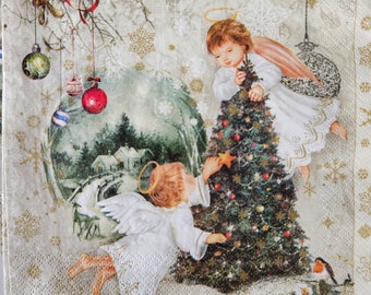 Two Angels and A Christmas Tree LUNCHEON SIZE DECOUPAGE Napkin - Set of (2) Individual Napkins for Crafting, etc.