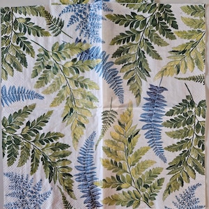 Ferns - Green and Blue DECOUPAGE Napkin - Set of 2 Individual Napkins - COCKTAIL SIZE Paper Napkin -for crafting