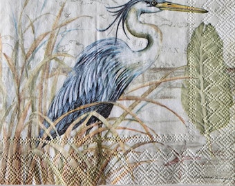 Blue Heron on Grass DECOUPAGE Napkin - Set of 2 Individual Napkins - COCKTAIL SIZE Paper Napkin -for crafting
