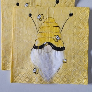 Bee Gnome  DECOUPAGE Napkin - Set of 2 Individual Napkins - COCKTAIL SIZE Paper Napkin - for crafting