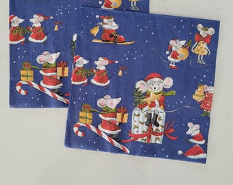 Christmas Mouse LUNCHEON SIZE Napkin for DECOUPAGE - Set of (2) Individual Napkins - for Paper crafting