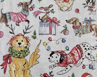 Christmas Dogs DECOUPAGE COCKTAIL Size Napkin - Set of 2 INDIVIDUAL Napkins - for papercrafting, decoupage, etc