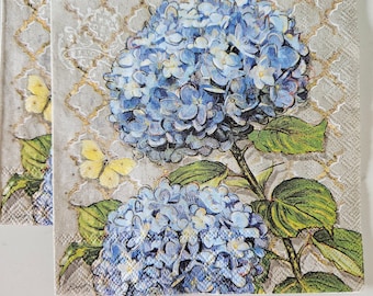 Blue Heirloom Flowers DECCOUPAGE COCKTAIL Size Napkins-Set of (2) Individual Napkins-for crafting, journals, etc.