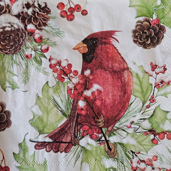 Cardinals in Holly DECOUPAGE Napkin - Set of 2 Individual Napkins - COCKTAIL SIZE Paper Napkin -for crafting