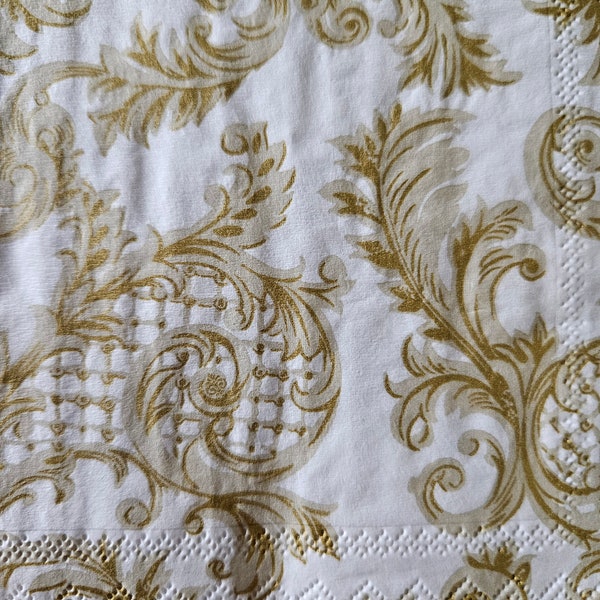 White and Gold Scrollwork Pattern COCKTAIL SIZE Napkin for DECOUPAGE - Set of (4) Individual Napkins for Crafting