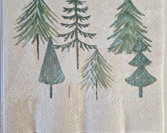 Green Christmas Trees on Brown COCKTAIL SIZE Napkin for DECOUPAGE - Set of (2) Individual Napkins - for crafting, etc.