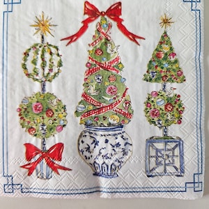 Bright Topiary Trees Christmas COCKTAIL SIZE Napkin for DECOUPAGE - Set of (2) Individual Napkins