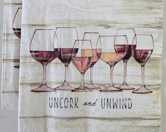 Uncork and Unwind DECOUPAGE Napkin - Set of 2 Individual Napkins - COCKTAIL SIZE Paper Napkin -for crafting