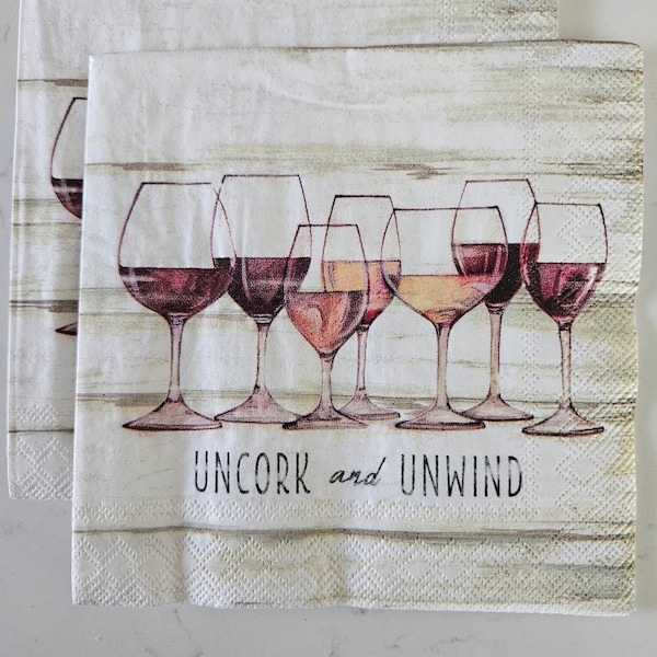 Uncork and Unwind DECOUPAGE Napkin - Set of 2 Individual Napkins - COCKTAIL SIZE Paper Napkin -for crafting