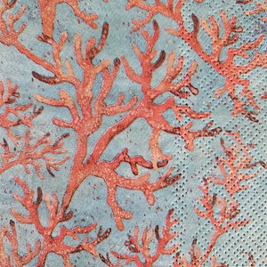 Coral on Blue GUEST TOWEL Size Napkin for Crafting, DECOUPAGE - Set of (4) Individual Napkins