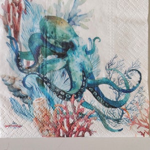 Octopus DECOUPAGE Napkin - Set of 2 Individual Napkins - COCKTAIL Size Paper Napkin -for crafting, decoupage, etc