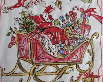 Santa Sleigh with Presents COCKTAIL SIZE Napkin for DECOUPAGE - Set of (2) Individual Napkins - for crafting, etc.