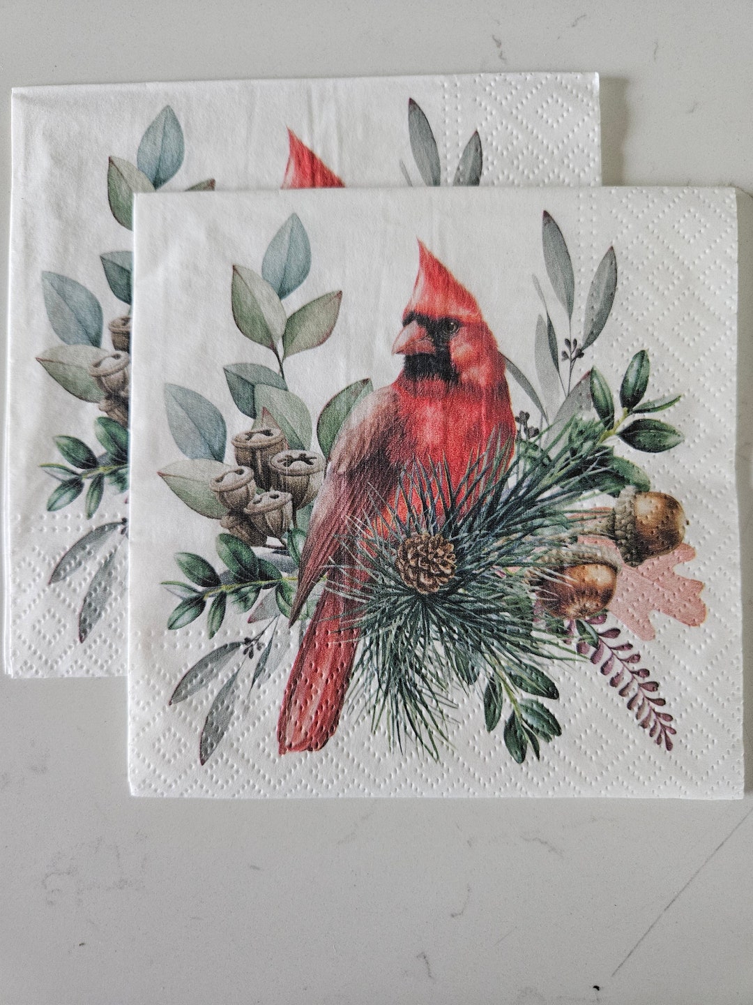 Red Cardinal DECOUPAGE Napkin Set of 2 Individual Napkins COCKTAIL SIZE Paper Napkin for