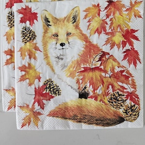 Fall Leaf Fox DECOUPAGE COCKTAIL Size Napkin - Set of 2 INDIVIDUAL Napkins - for papercrafting, decoupage