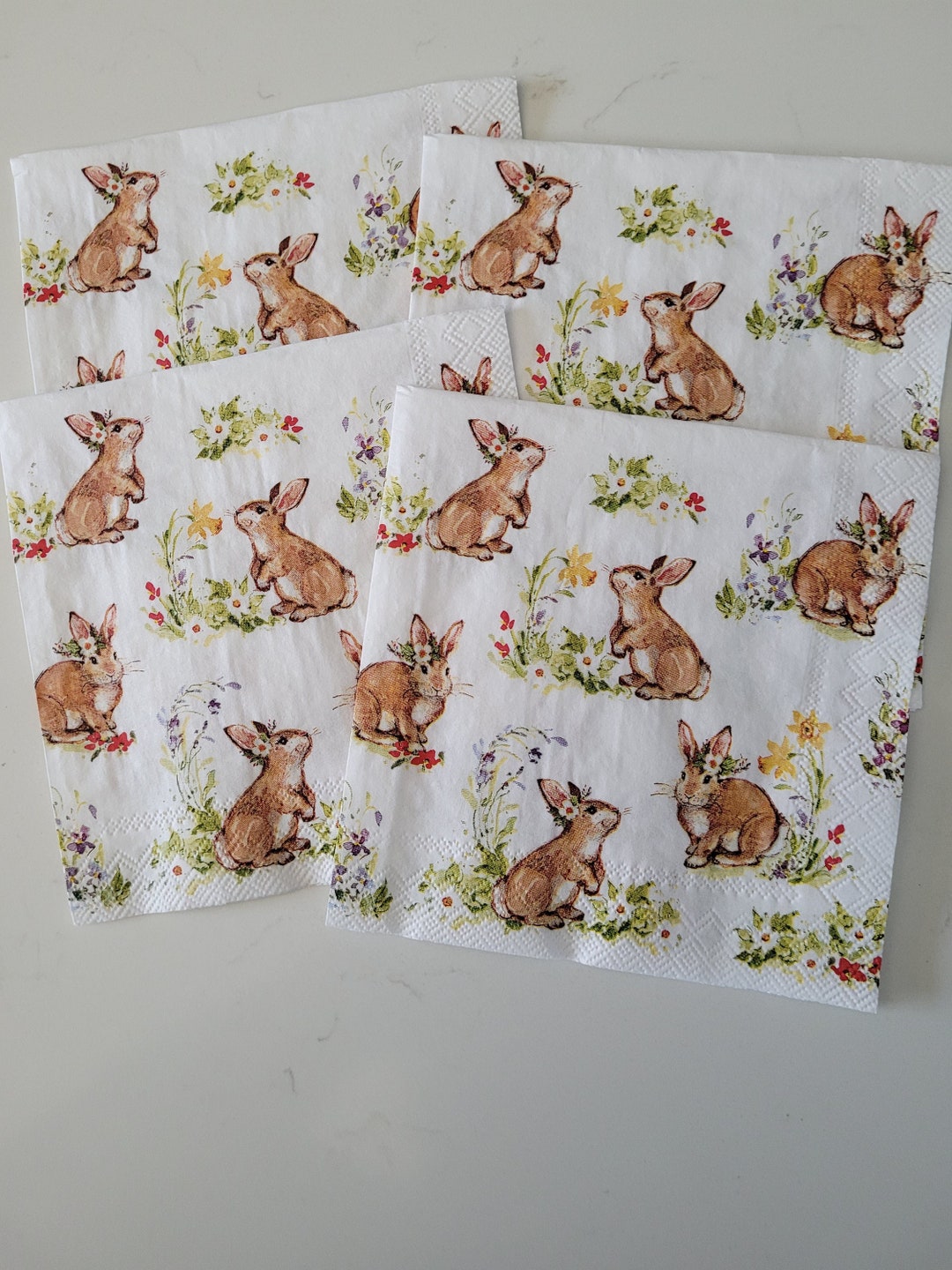 Brown Bunnies on White COCKTAIL SIZE Napkin for Crafting, DECOUPAGE Set