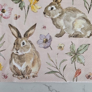May include: A pink background with a floral pattern featuring two brown rabbits, one on the left and one on the right. The rabbits are surrounded by green leaves and flowers in shades of yellow, purple, and pink.