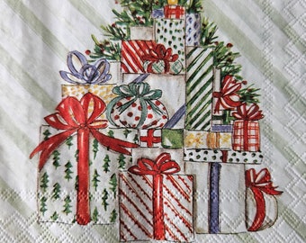 Christmas Presents Tree COCKTAIL SIZE Napkin for DECOUPAGE - Set of (2) Individual Napkins - for crafting, etc.