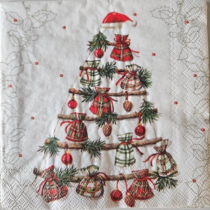 Christmas Stick Tree COCKTAIL SIZE Napkin for DECOUPAGE - Set of (2) Individual Napkins - for crafting, etc.