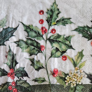 Holly and Berries COCKTAIL SIZE Napkin for DECOUPAGE - Set of (2) Individual Napkins for crafting