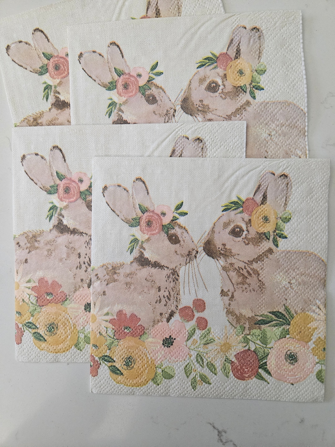 Floral Bunnies COCKTAIL SIZE Napkin for Crafting, DECOUPAGE Set of 4