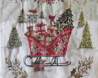 Christmas Joy Sleigh COCKTAIL SIZE Napkin for DECOUPAGE - Set of (2) Individual Napkins - for crafting, etc.