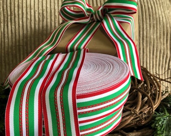 2 Yards 1.5 Inch DIY Dot Stitch Red Green White Modern Stripe Christmas Seasonal Gift Grosgrain Ribbon By The Yard