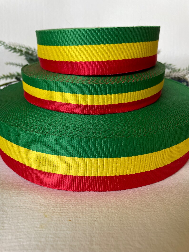 2 Yards Red Green Gold Reggae Dreadlocks Rasta Craft Webbing Bold Wide Thick Sturdy Polyester Stripe Bag Tote Backpack Handle Belt Strap image 1