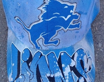 Detroit Lions Tie Dye Graffiti Hat Velcro Cap Blue Silver White Spray Paint Art One Of A Kind