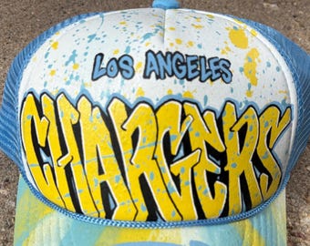 Los Angeles Chargers Hand Painted Hat Sky Blue Trucker Cap One Of A Kind Graffiti Piece
