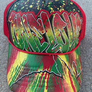 One Love Red Trucker Hat Spray Paint Artwork One Of A Kind Rasta Style Cap Pot Leaf Marijuana Theme Painting Yellow Green Black