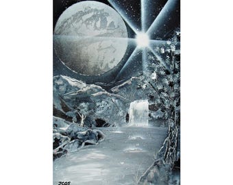 May include: A black and white spray paint artwork depicting a moon, a waterfall, and a snowy landscape. The moon is large and takes up most of the top half of the image. The waterfall is in the center of the image and is surrounded by snow-covered mountains. The artwork is signed "J.COS" in the bottom right corner.