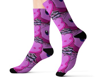 Kirby! Schwarz-Rosa-Sublimationssocken: Polyester-Spandex-Mischung, Unisex-Passform, gepolsterte Unterseite