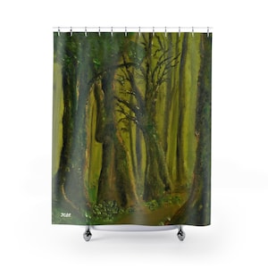 Deep Green Forest Oil Painting Artwork Bathroom Shower Curtain Unique Home Decoration 71&quot; X 74&quot;