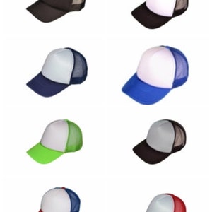 May include: Eight blank trucker hats in different colors. The hats are all white on the front and have a mesh back. The colors are black, white, blue, green, and red.