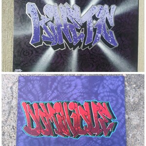 May include: Two canvases with graffiti art. The top canvas has a purple and white spray paint design with the word "KINNETH" in bold letters. The bottom canvas has a red and green spray paint design with the word "UNIVERSE" in bold letters and the text "I LOVE YOU" below it.
