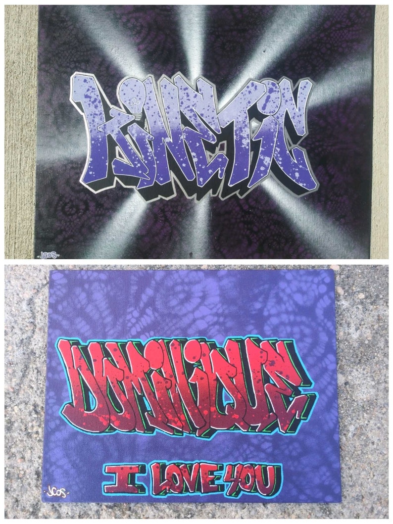 May include: Two canvases with graffiti art. The top canvas has a purple and white spray paint design with the word "KINNETH" in bold letters. The bottom canvas has a red and green spray paint design with the word "UNIVERSE" in bold letters and the text "I LOVE YOU" below it.
